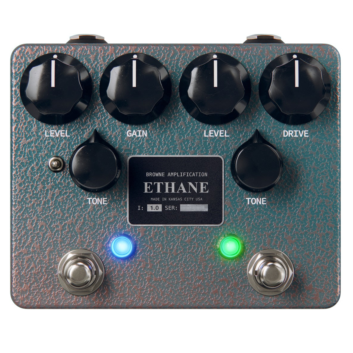Browne Amplification Ethane dual overdrive pedal, hammered teal-green finish with copper mottling, four black knobs marked Level, Gain, Level and Drive, two Tone knobs, a small toggle switch, and two footswitches with blue and green indicator LEDs
