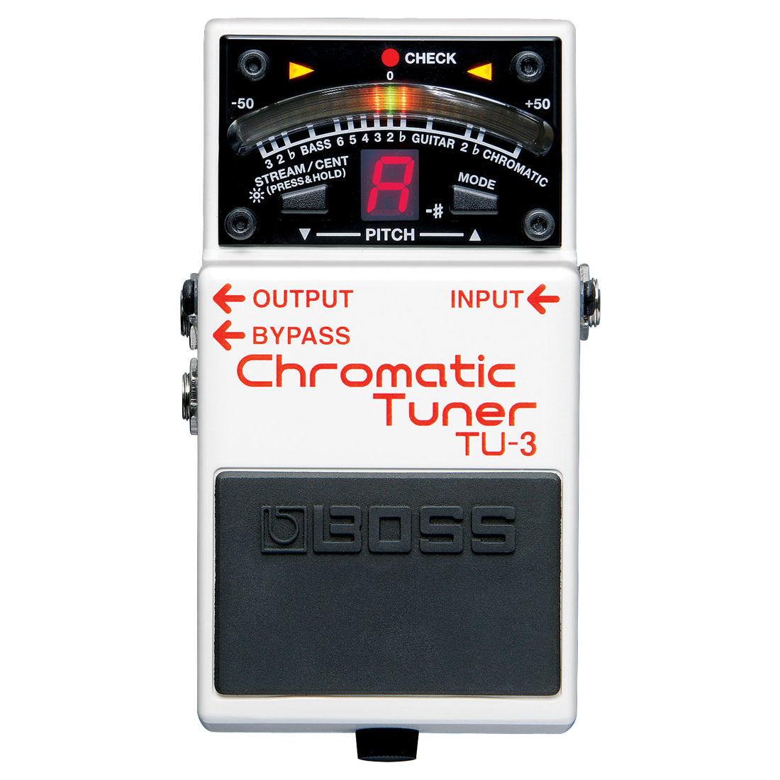 Boss TU-3 Chromatic Tuner guitar pedal — side view of input, output and bypass jacks