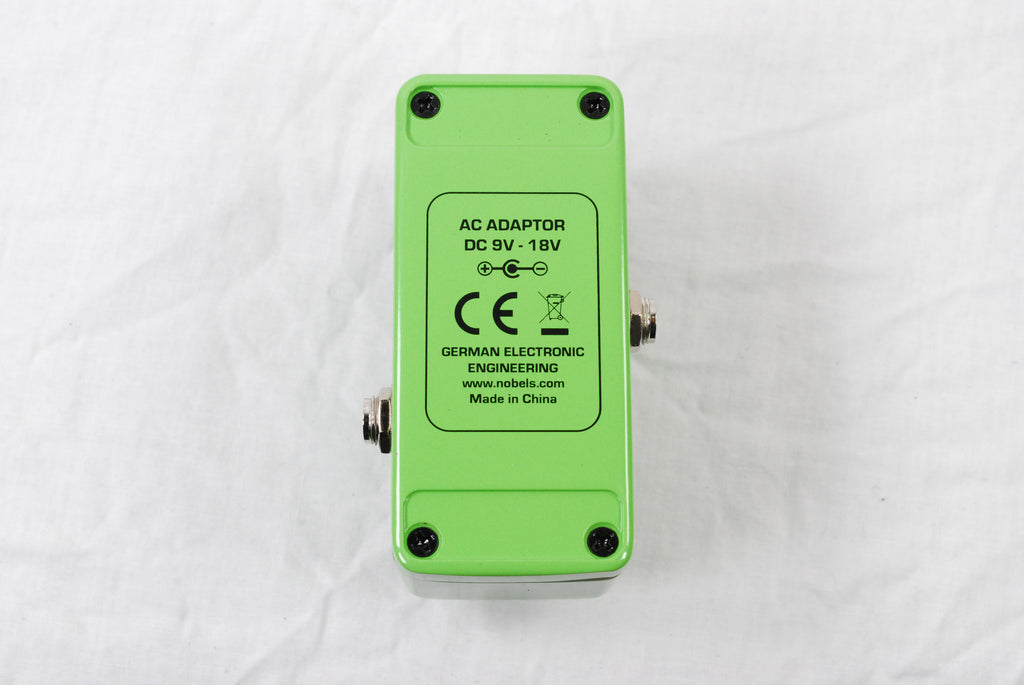 Used Nobels ODR-Mini green overdrive mini pedal side jacks detail