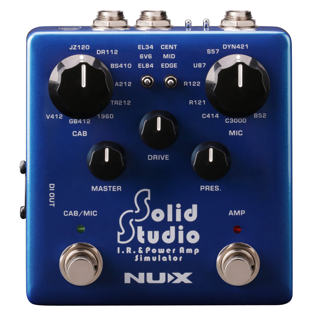 NUX NSS-5 Solid Studio IR loader guitar pedal — blue enclosure, top view with cab and mic knobs