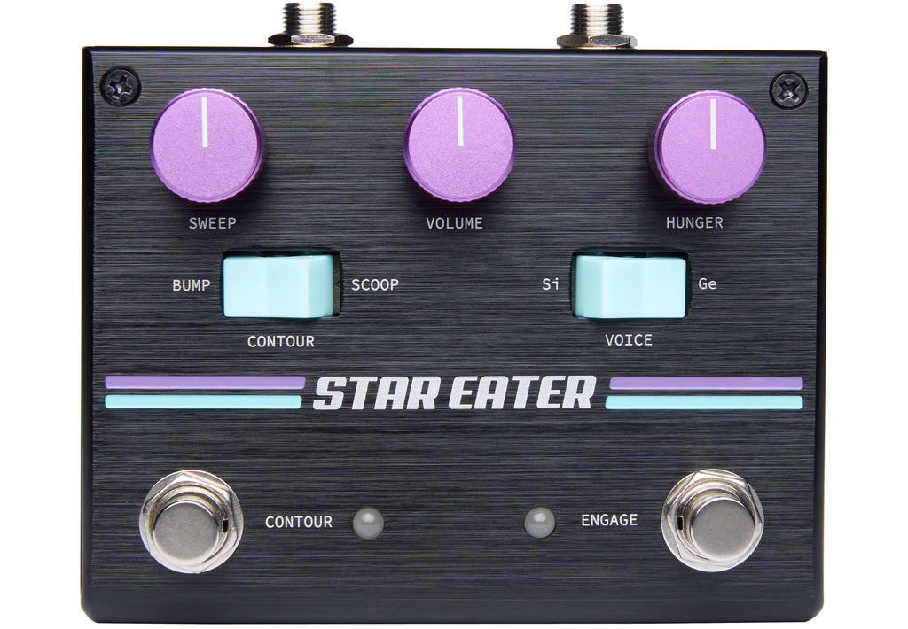 Pigtronix Star Eater fuzz — black chassis with purple knobs