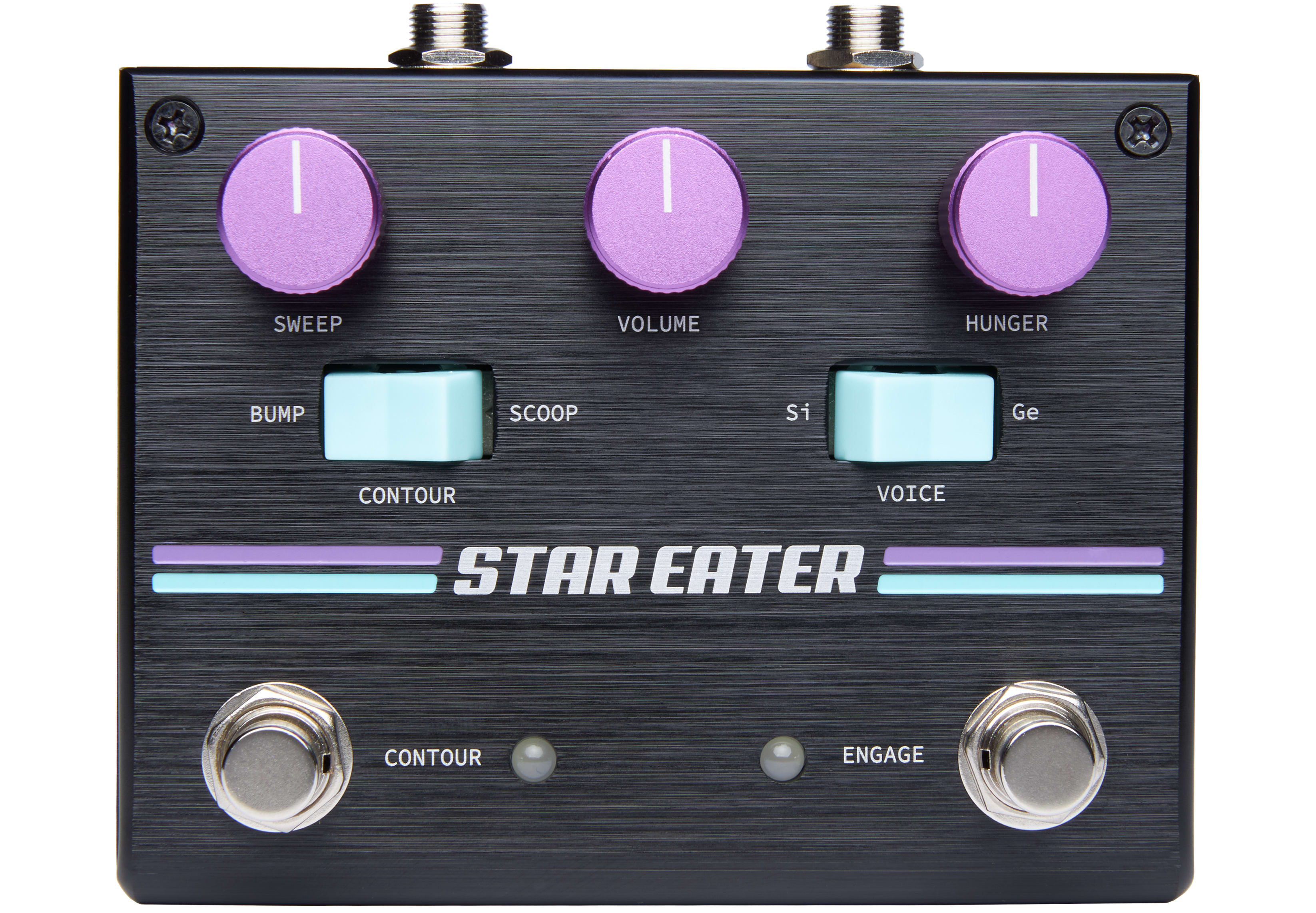 Pigtronix Star Eater fuzz — black chassis with purple knobs