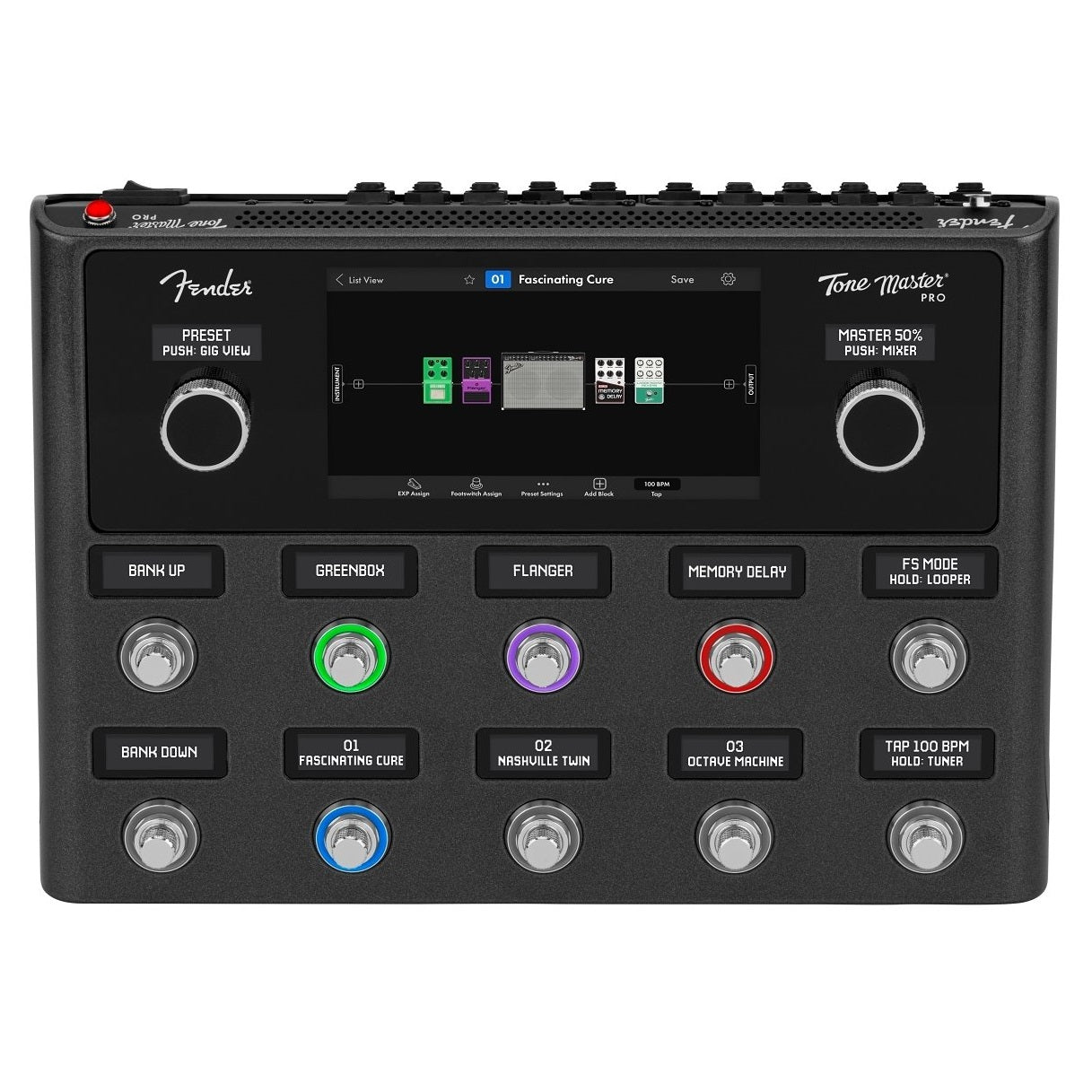 Fender Tone Master Pro multi-effects workstation — black unit with 7-inch touchscreen