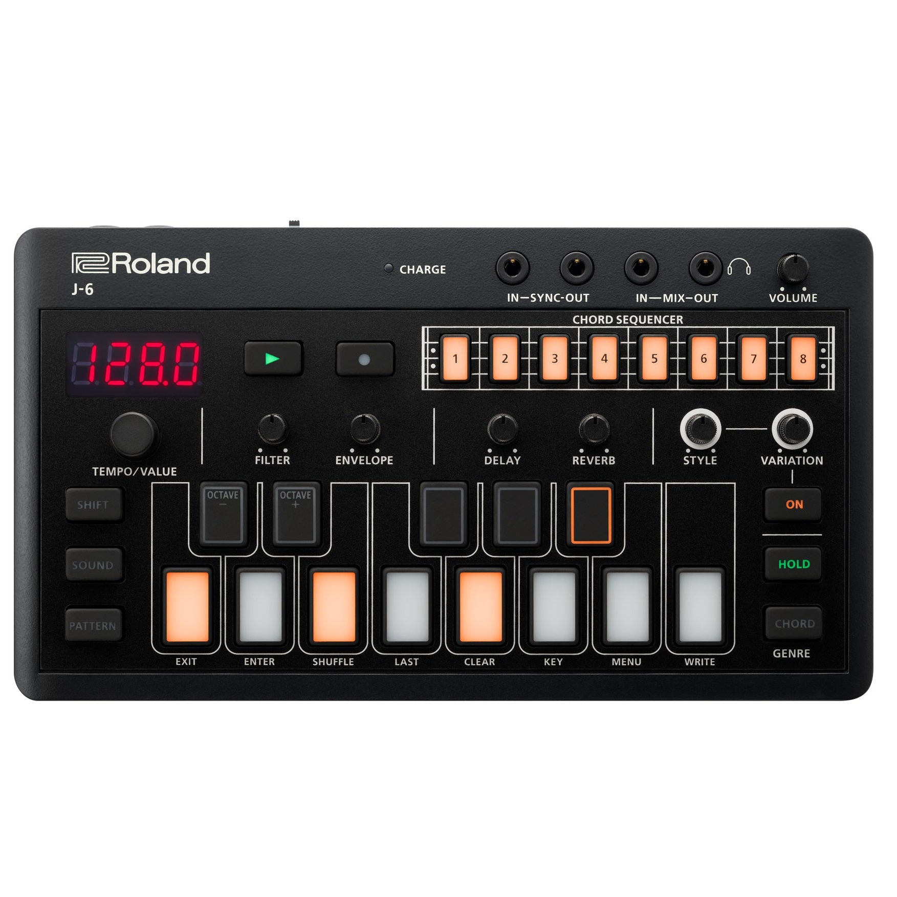 Roland Aira Compact J-6 chord synthesizer controls close-up