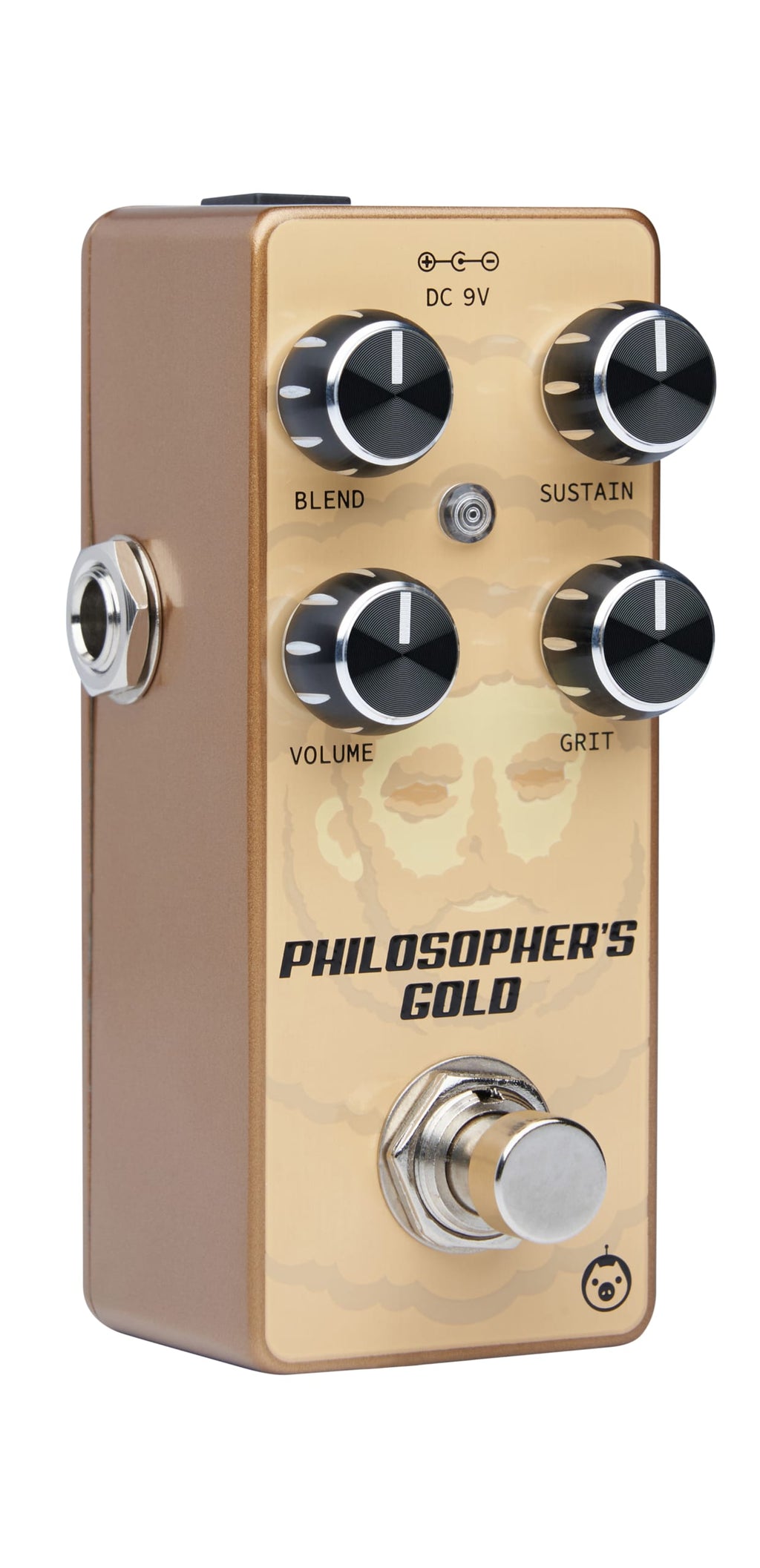Pigtronix Philosopher's Gold distortion pedal — angled view