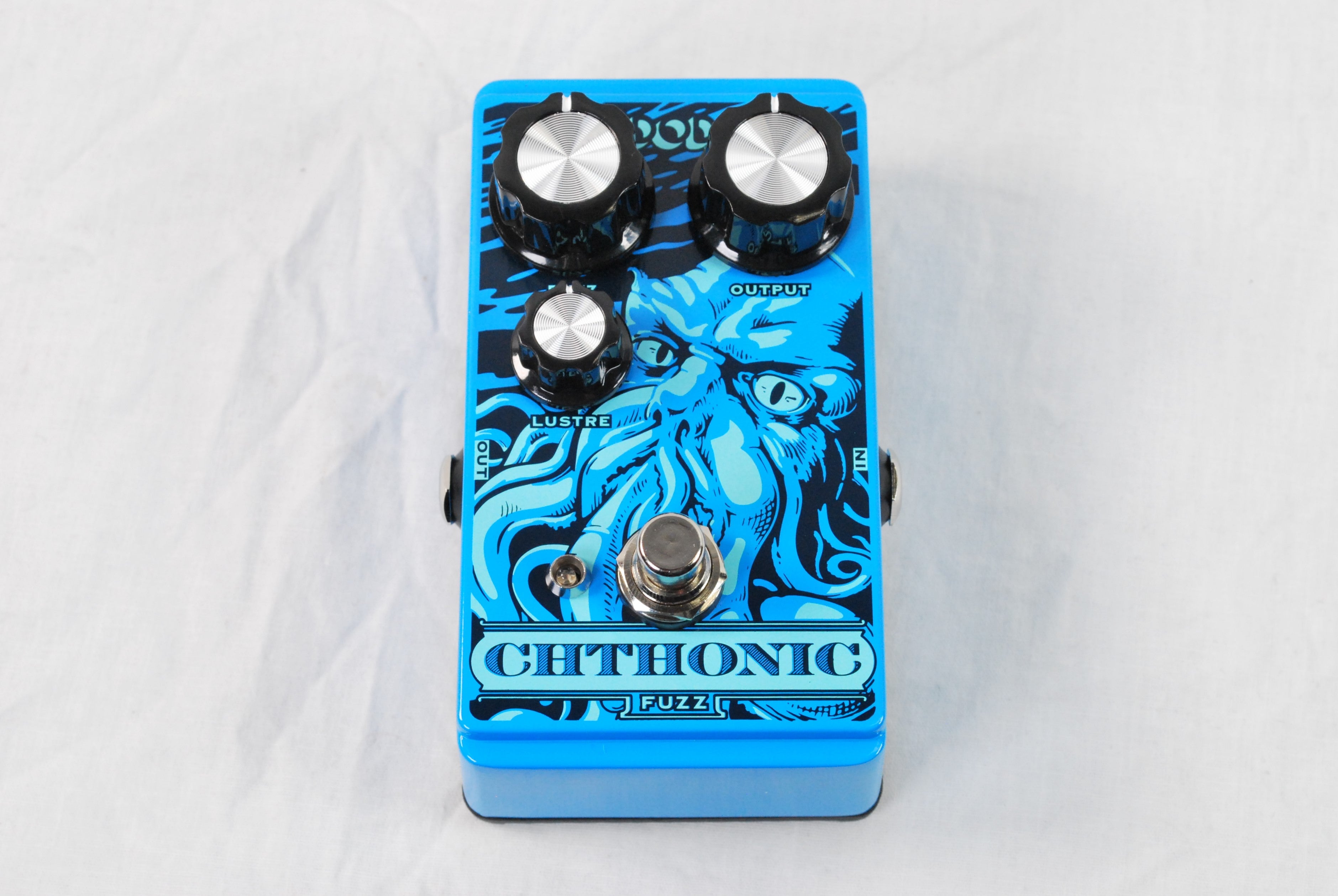 Used DOD Chthonic fuzz pedal — blue enclosure top view