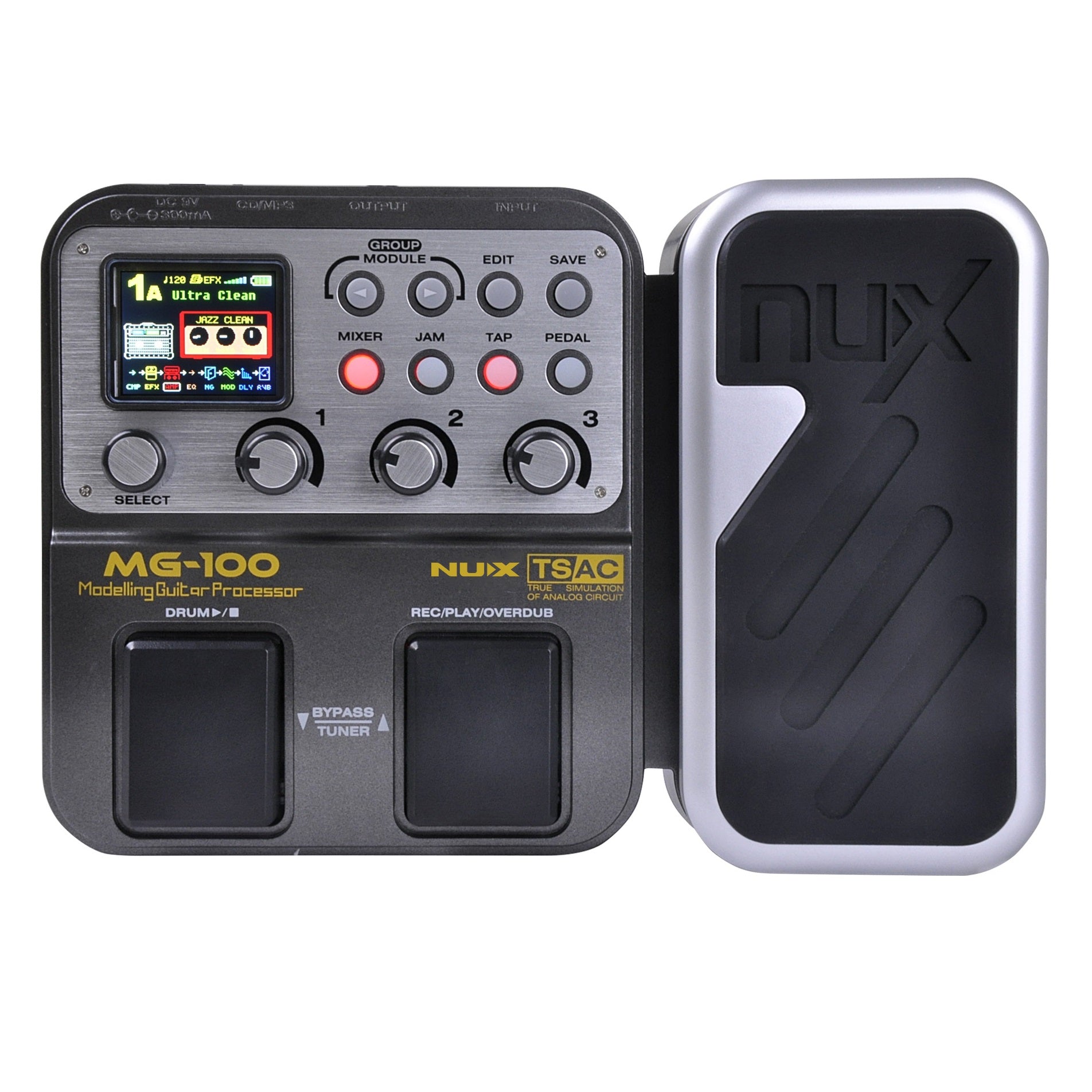NUX MG-100 multi-effects pedal — control knobs and footswitches detail