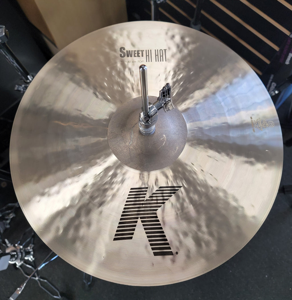 Zildjian K0726 K Sweet 16in Hi-Hat Pair - top cymbal overhead view, K logo