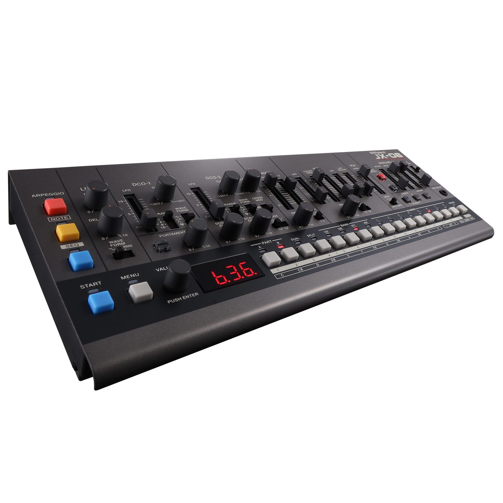 Roland JX-08 polyphonic synthesizer sound module — angled side view