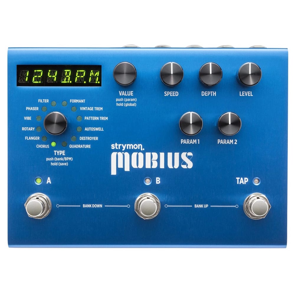 Strymon Mobius modulation pedal — blue top with display