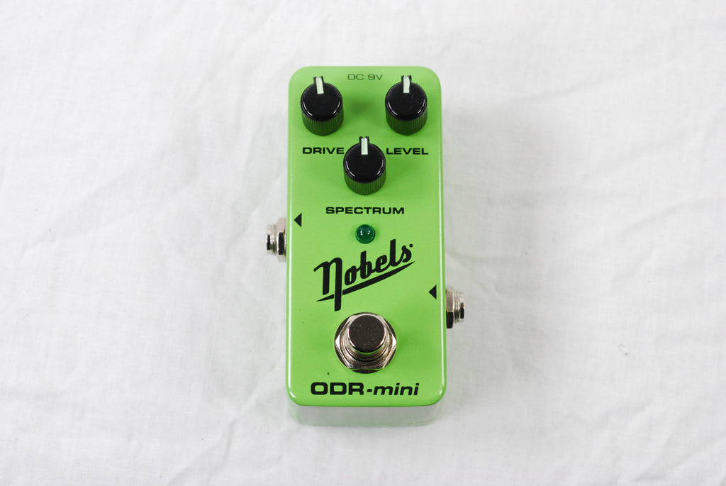 Used Nobels ODR-Mini green overdrive mini pedal angled view