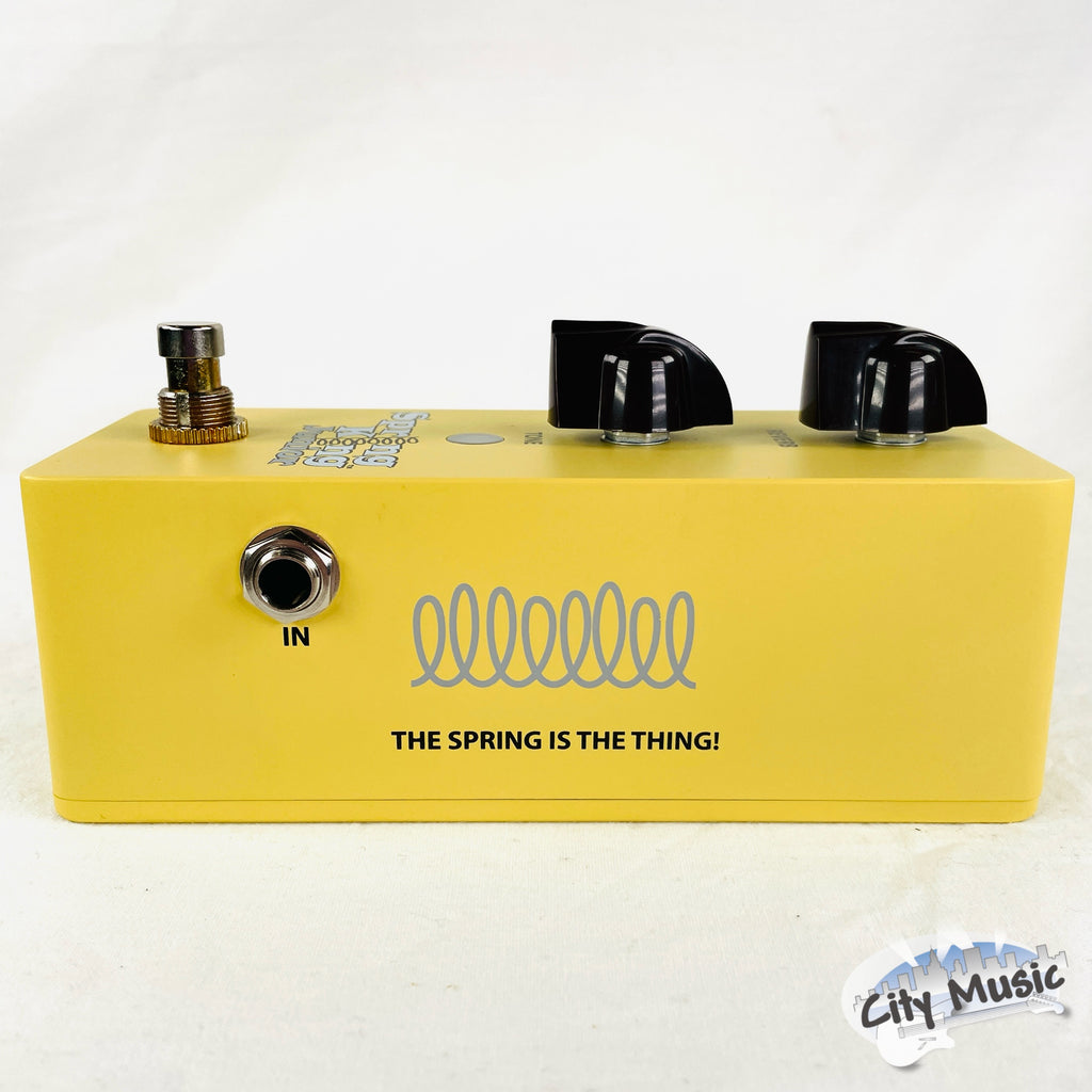 Used Danelectro Spring King Junior yellow reverb pedal — packaging view
