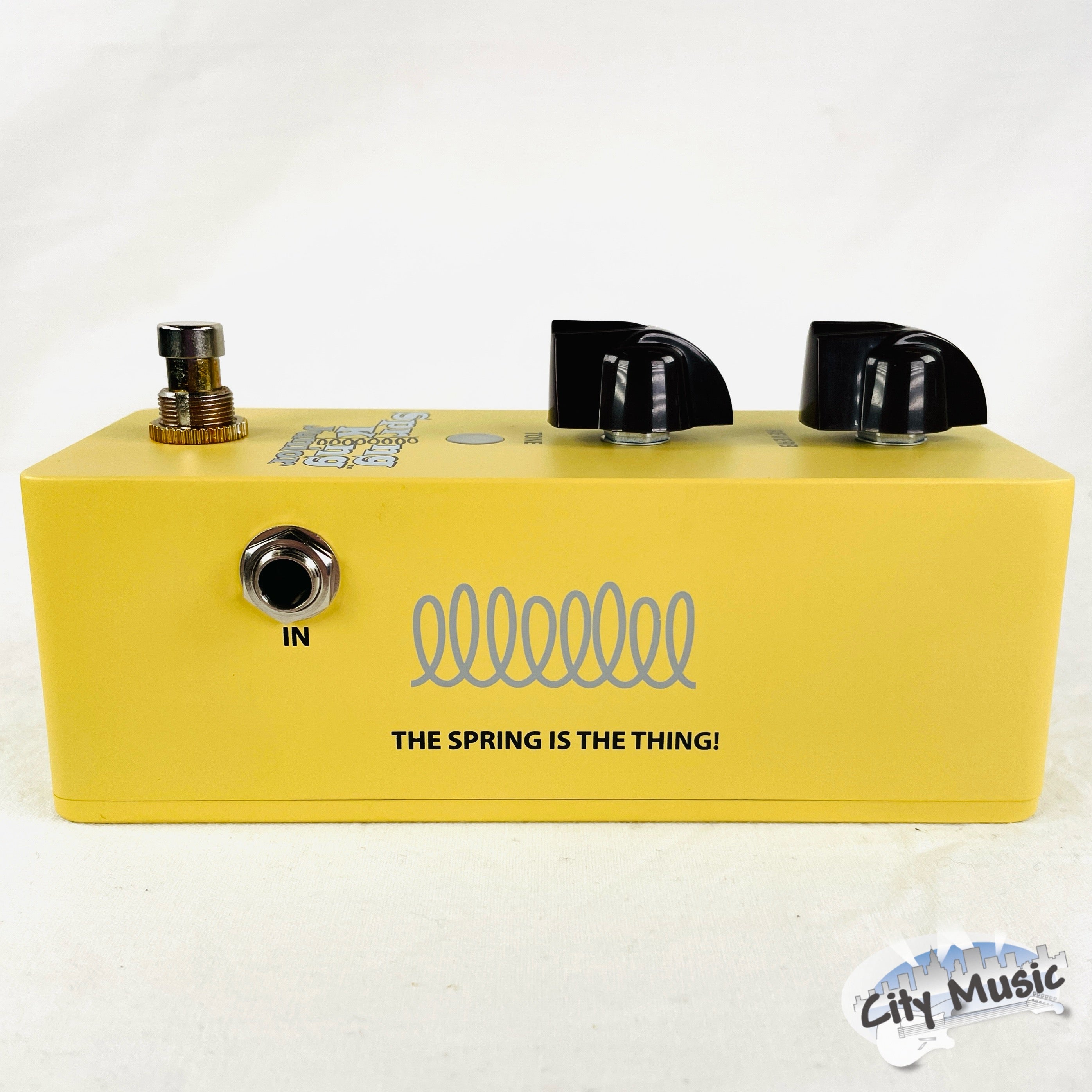 Used Danelectro Spring King Junior yellow reverb pedal — packaging view