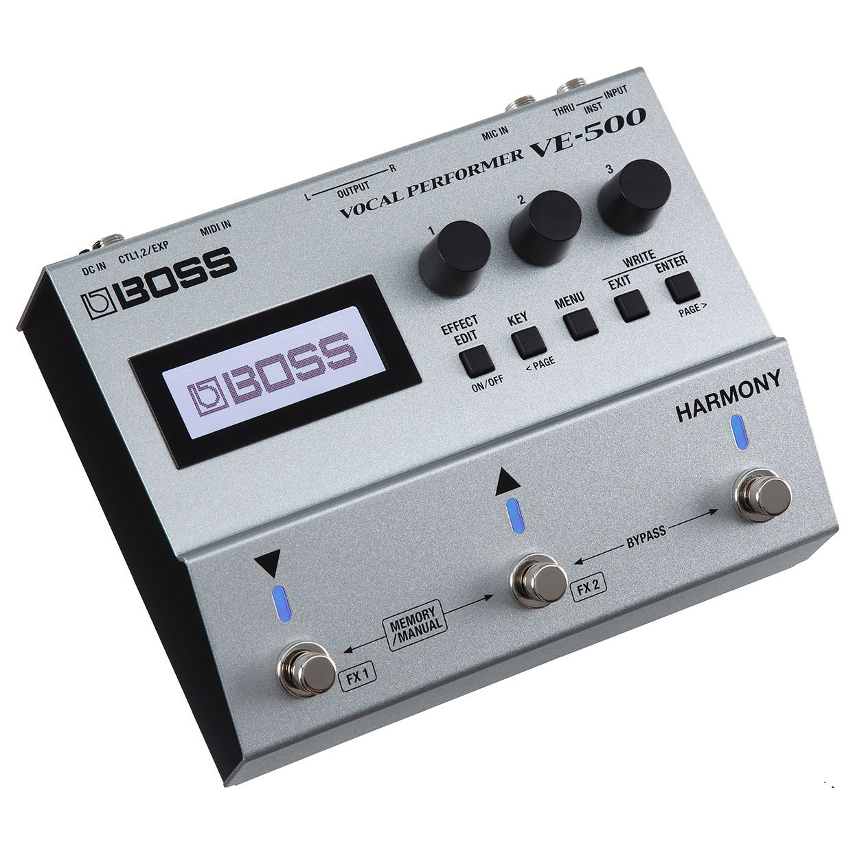 Used Boss VE-500 Vocal Performer pedal in silver, angled view