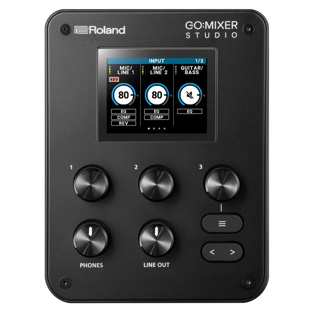 Roland GO:MIXER STUDIO audio interface — black, front with color display