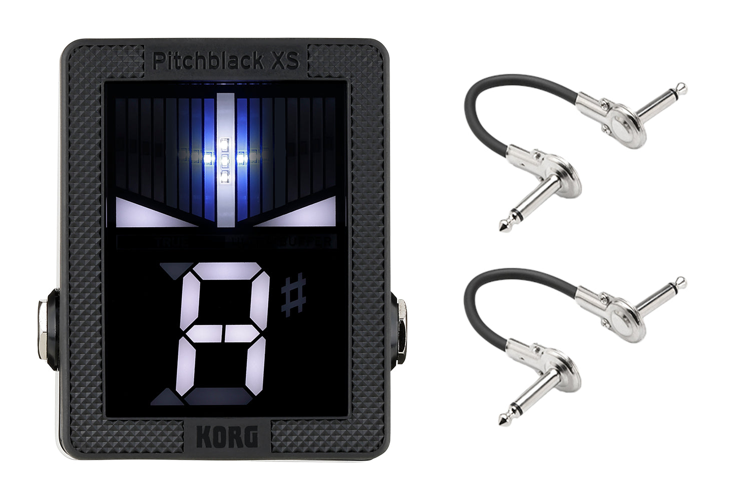 Korg Pitchblack XS mini tuner pedal — black enclosure with two patch cables
