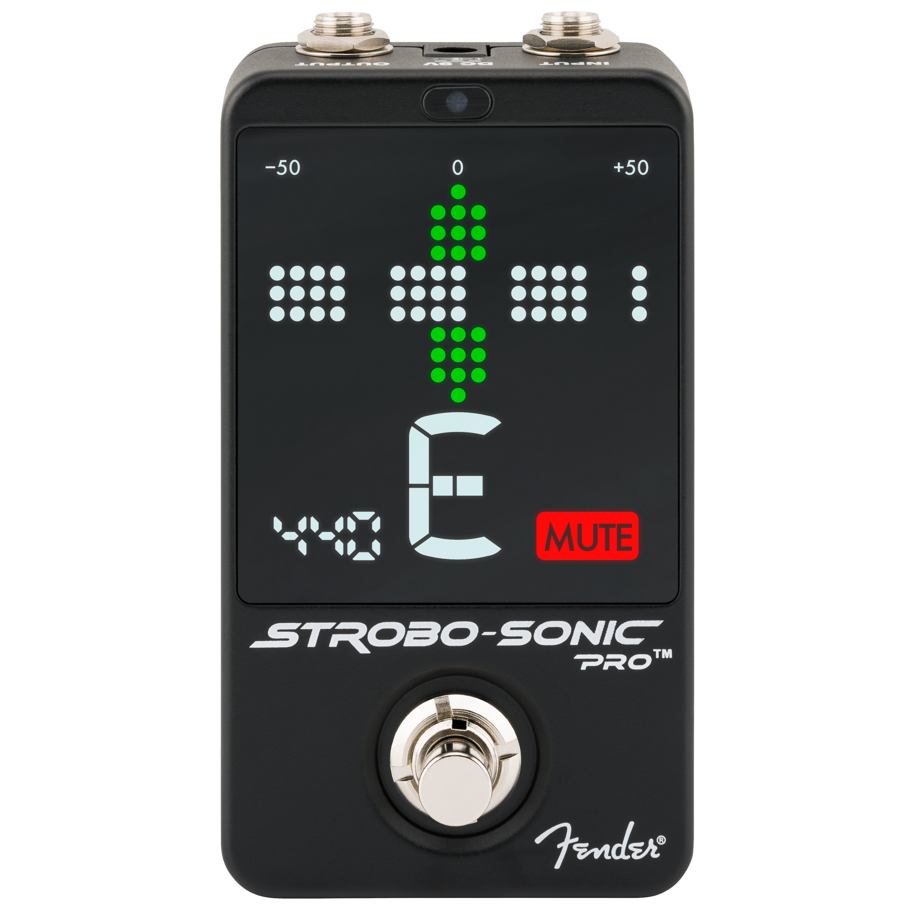 Fender Strobo-Sonic Pro tuner pedal — front LED display showing tuning