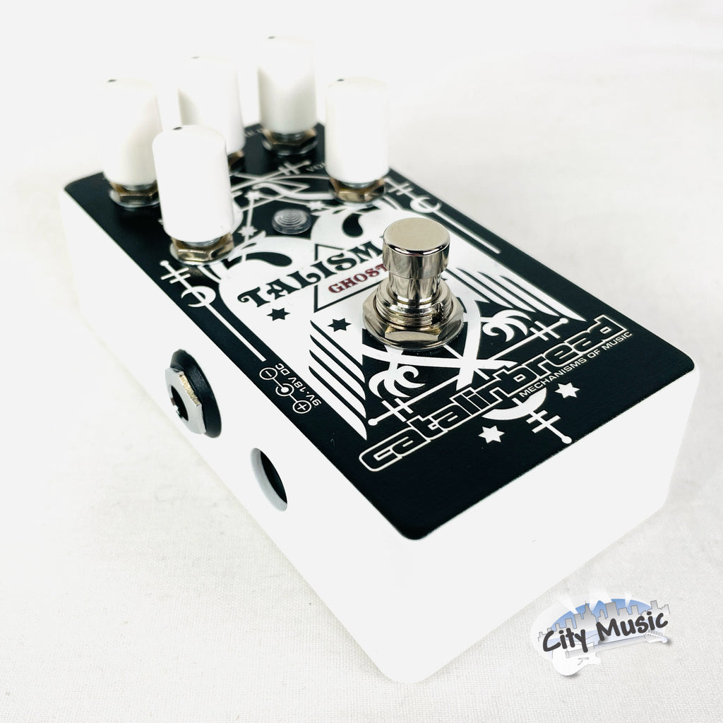 Used Catalinbread Talisman Ghost plate reverb pedal — side view showing input jack