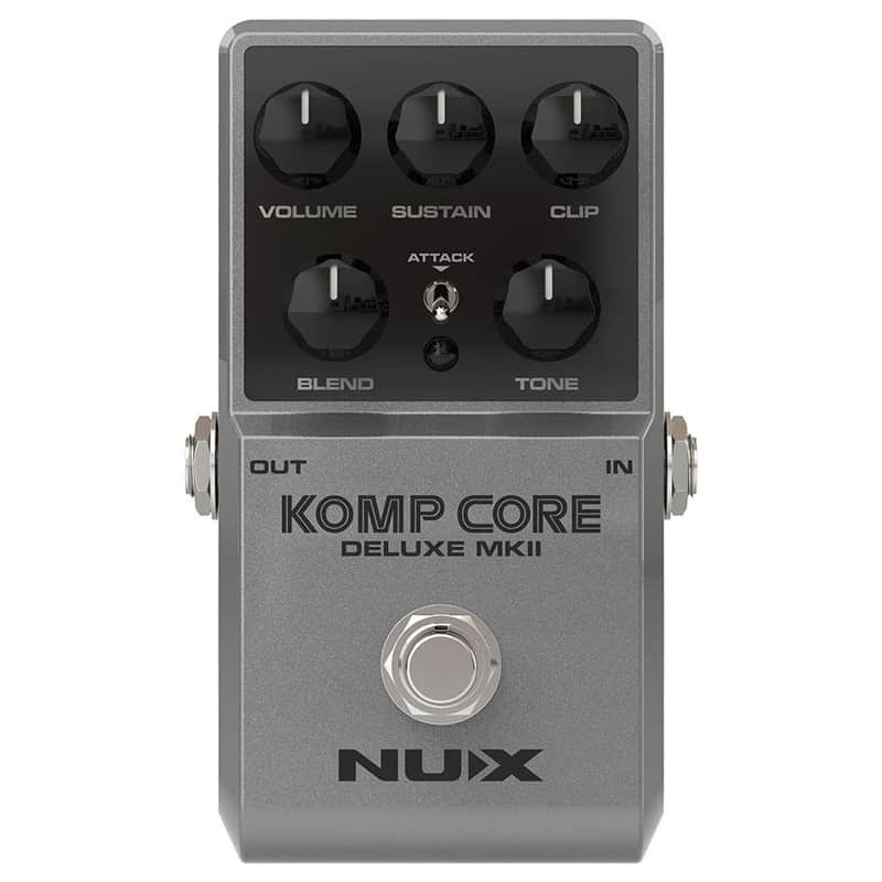 NUX Komp Core Deluxe MKII compressor pedal - front top view, silver enclosure