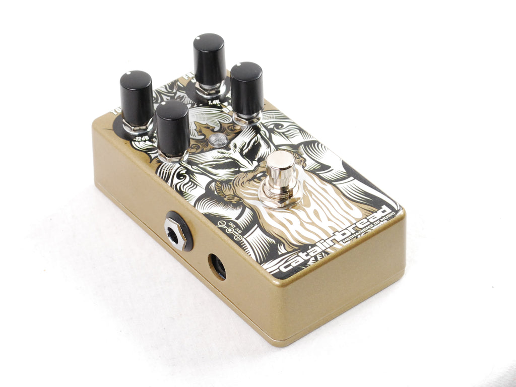 Catalinbread Tribute pedal — close-up of Tone Freq Vol Drive controls