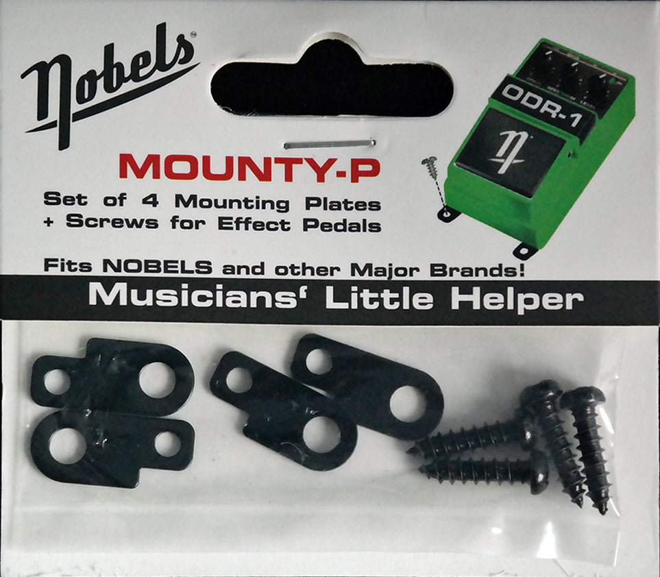 Nobels Mounty-P pedal mounting plate set packaging with plates and screws