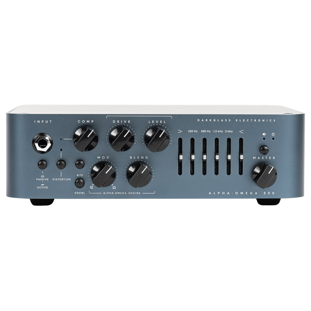 Darkglass Alpha Omega 500 bass amplifier head — front panel, dark blue 500W head