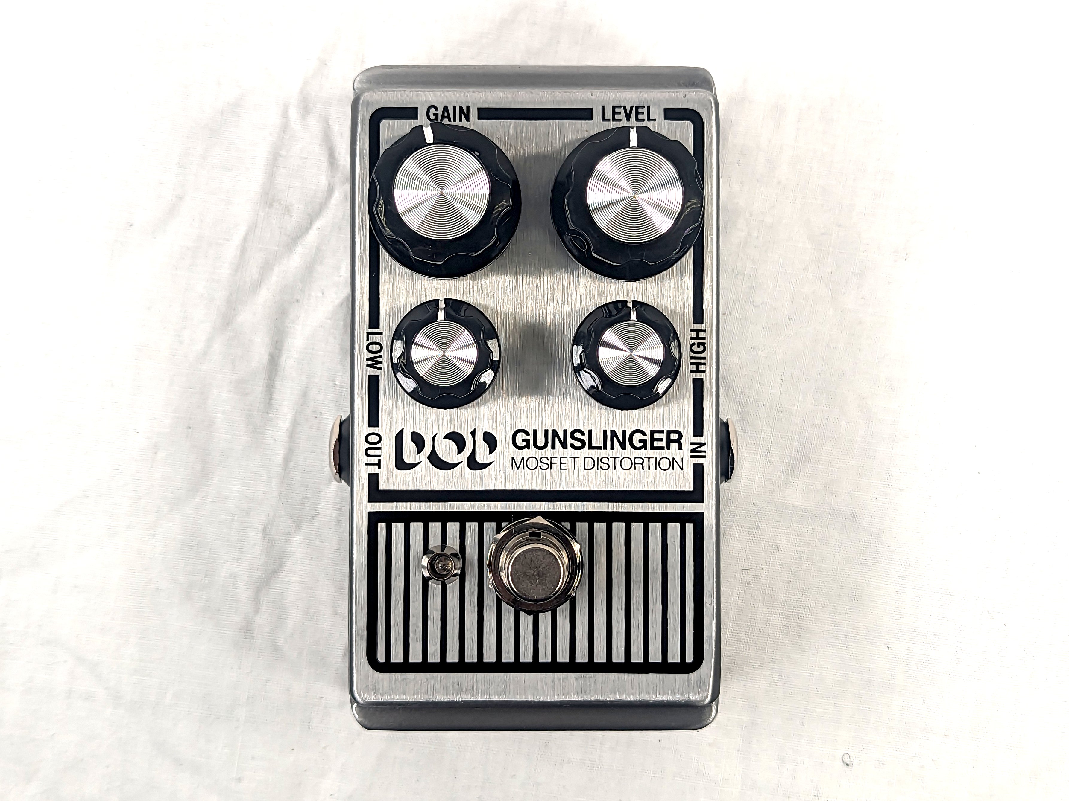 Used DOD Gunslinger Mosfet distortion pedal — silver enclosure top view