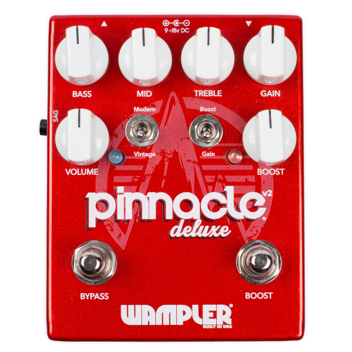 Wampler Pinnacle Deluxe V2 distortion pedal red enclosure front view