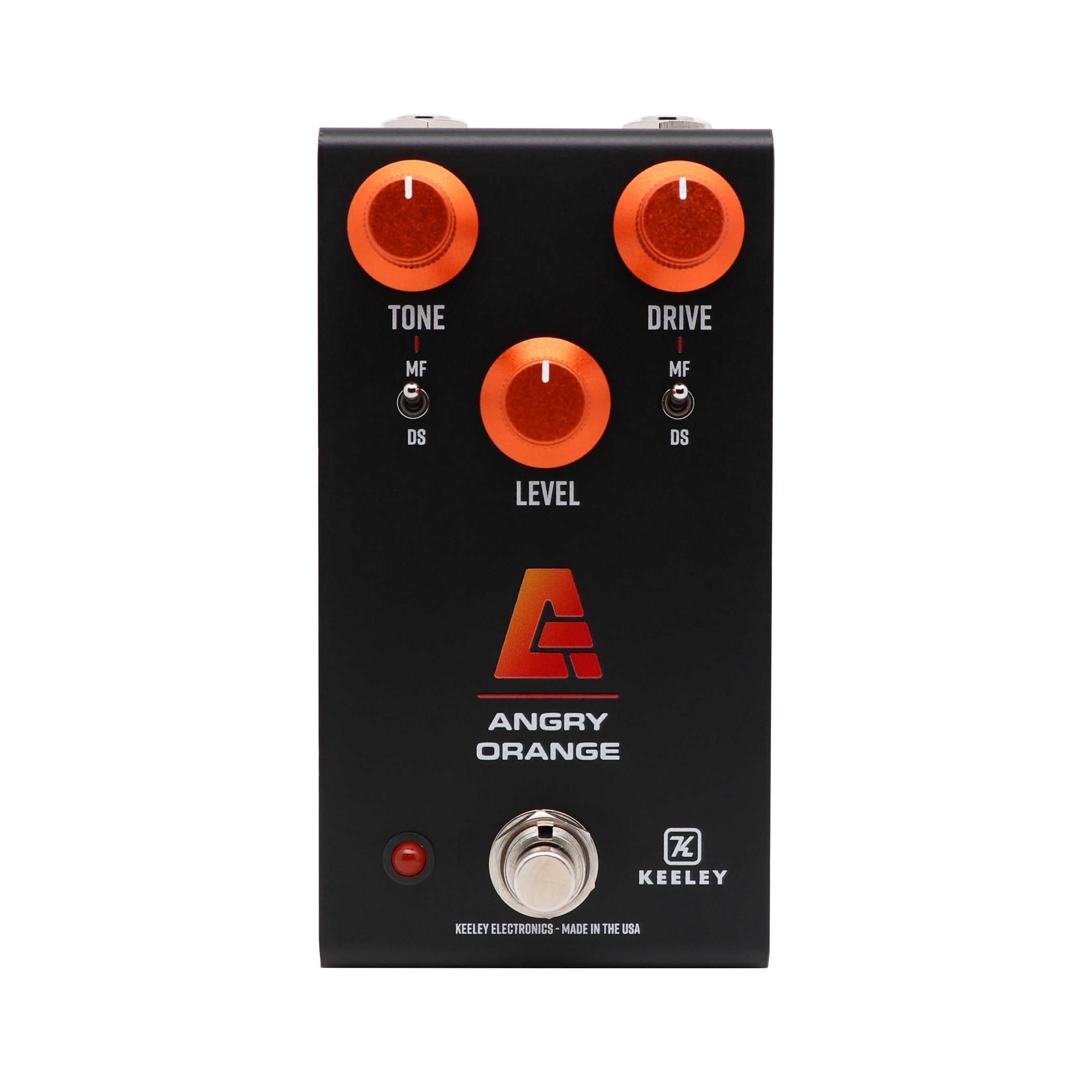 Keeley Angry Orange distortion fuzz pedal — black enclosure angled view