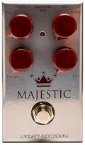 J. Rockett Majestic overdrive pedal — silver face with red knobs and crown logo, top view