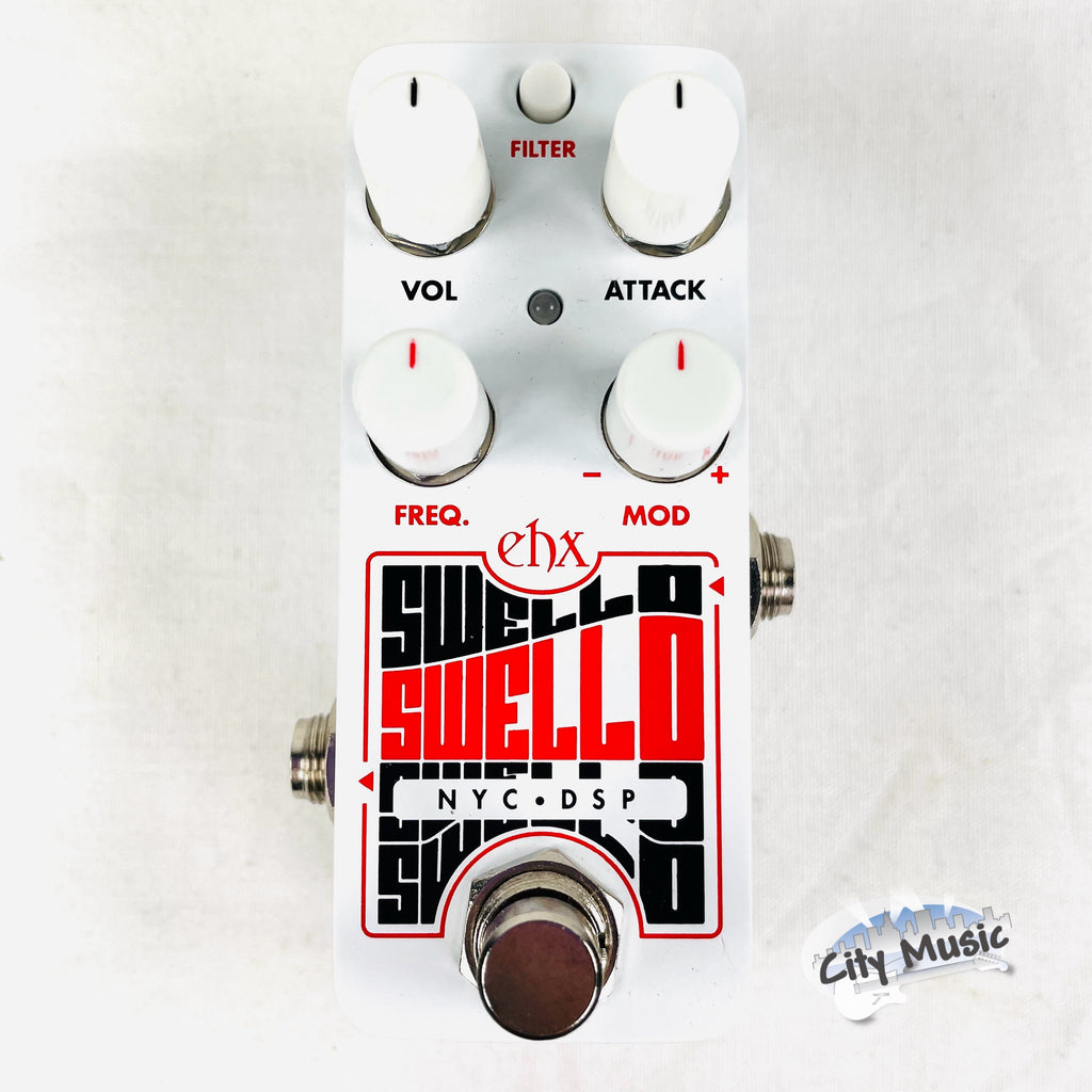 Electro-Harmonix Pico Swello attack envelope pedal — white enclosure, angled view