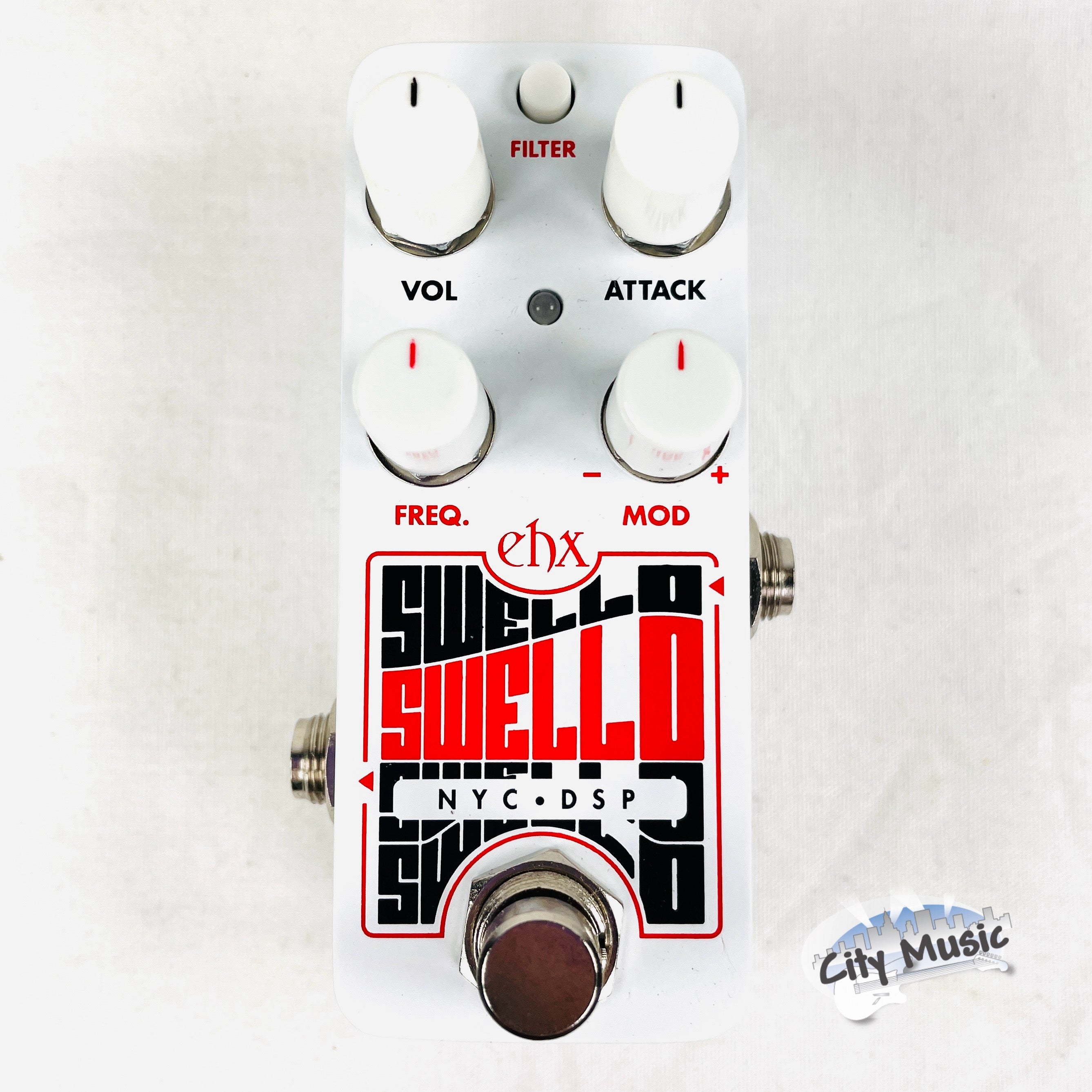 Electro-Harmonix Pico Swello attack envelope pedal — white enclosure, angled view