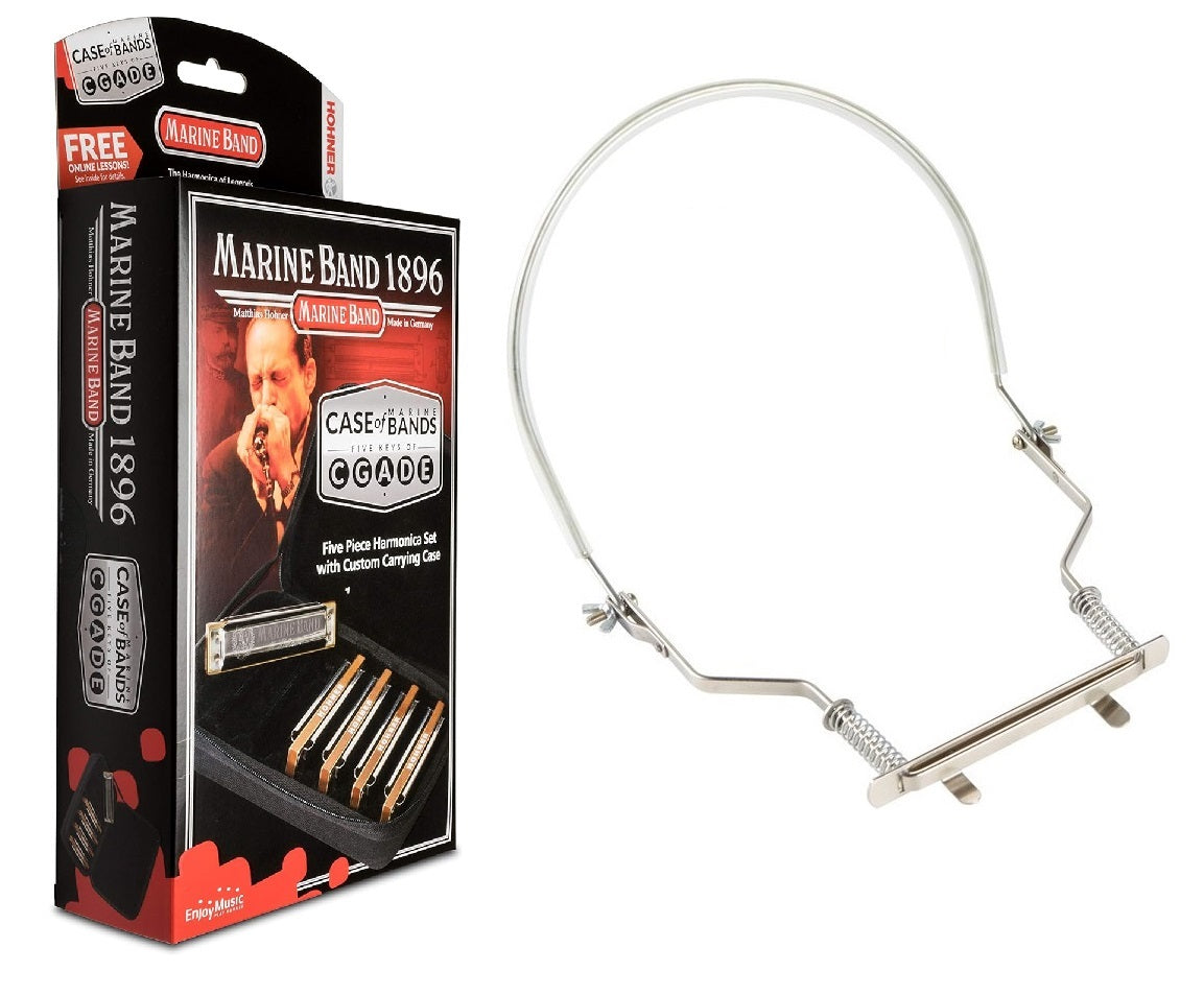 Hohner Marine Band 1896 harmonica 5-pack — retail box and chrome neck holder