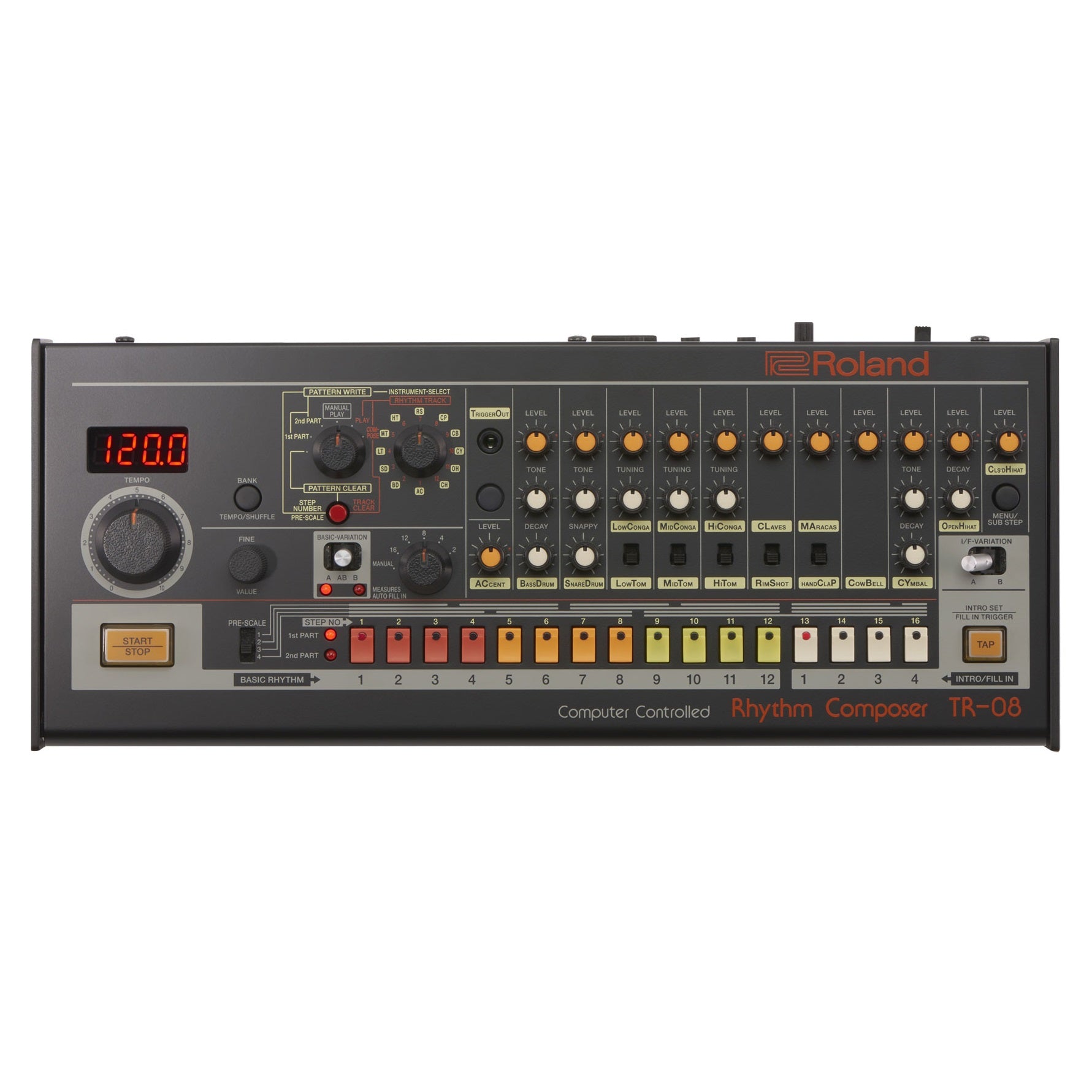 Roland TR-08 Rhythm Composer drum machine — top panel front view