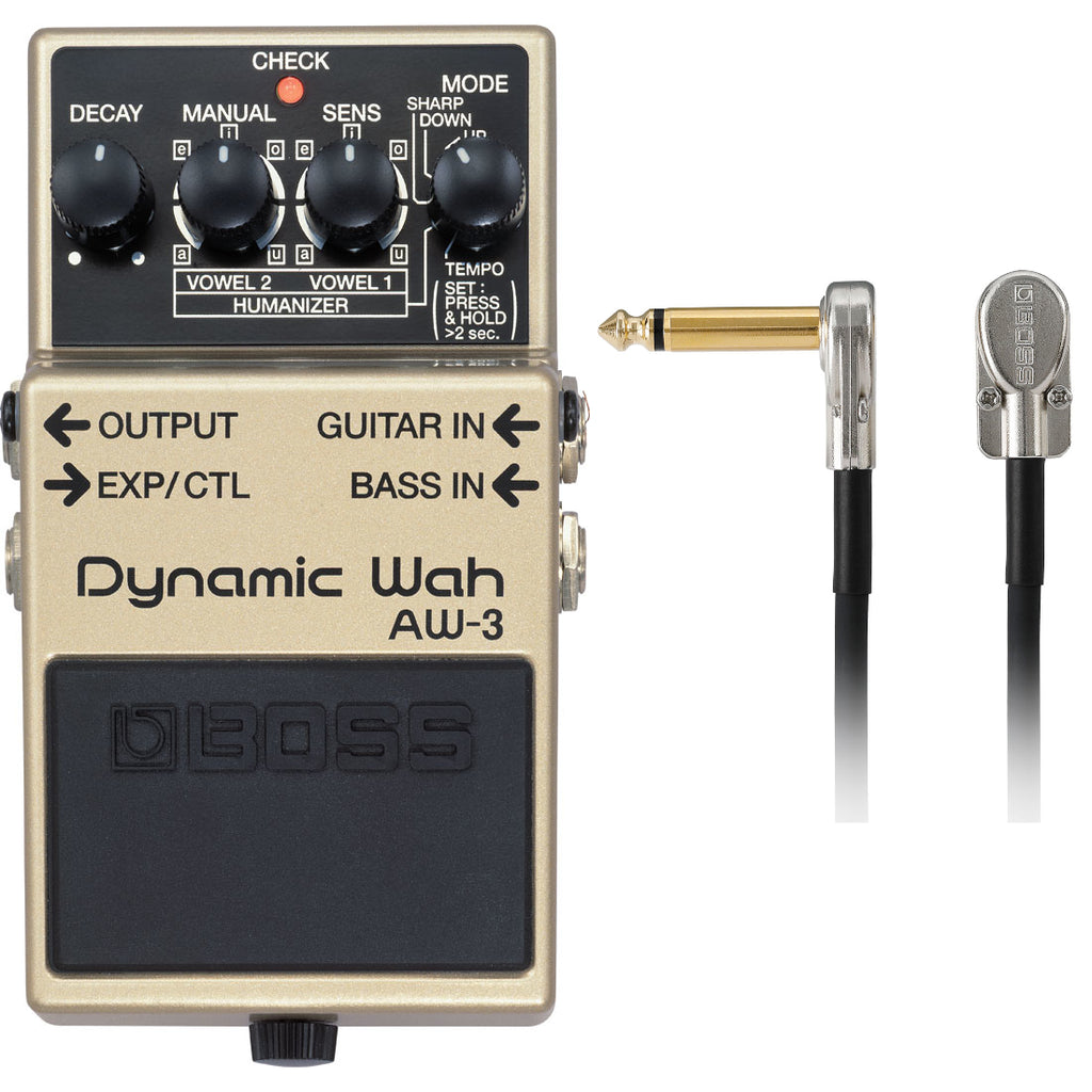 Boss AW-3 Dynamic Auto Wah pedal — gold enclosure with included patch cable
