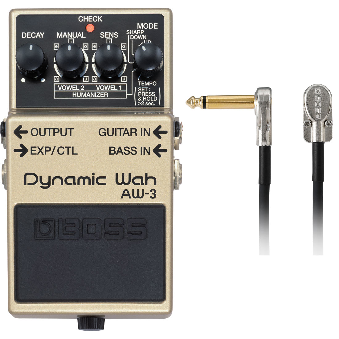 Boss AW-3 Dynamic Auto Wah pedal — gold enclosure with included patch cable