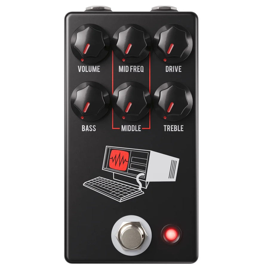 JHS Hard Drive distortion pedal — black enclosure, six knobs, top view
