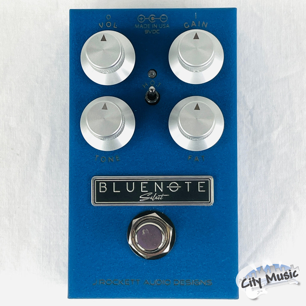 J. Rockett Blue Note Select overdrive pedal — front, blue enclosure with silver knobs