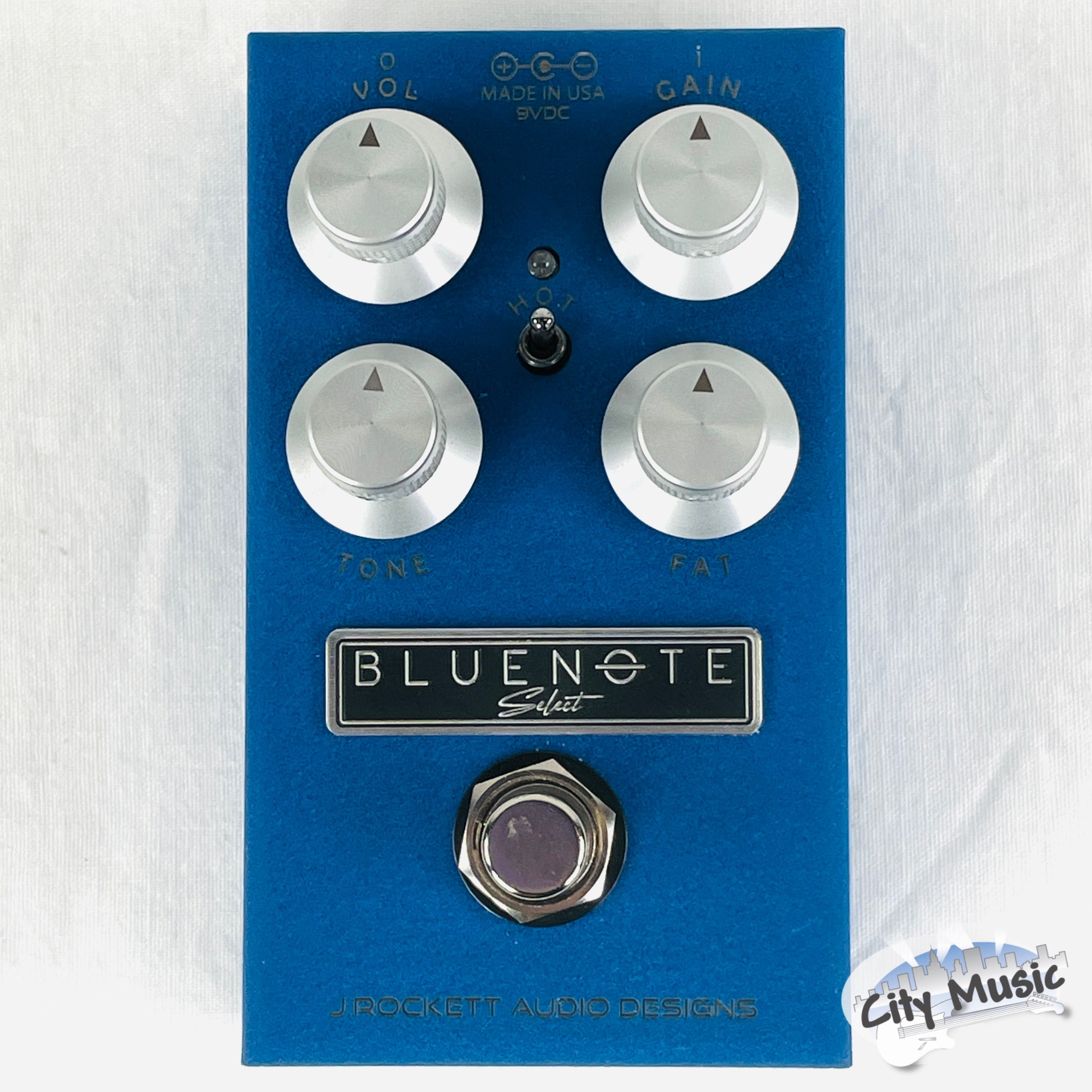 J. Rockett Blue Note Select overdrive pedal — front, blue enclosure with silver knobs