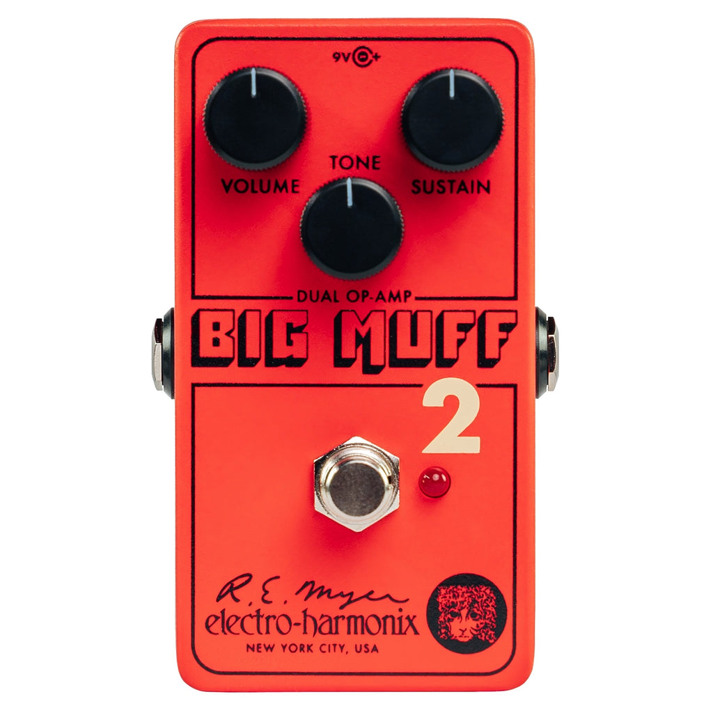 Electro-Harmonix Big Muff Pi 2 fuzz pedal — red enclosure, top view with Volume Tone Sustain
