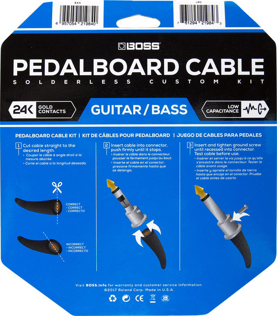 Boss BCK-12 solderless pedalboard cable kit — contents view
