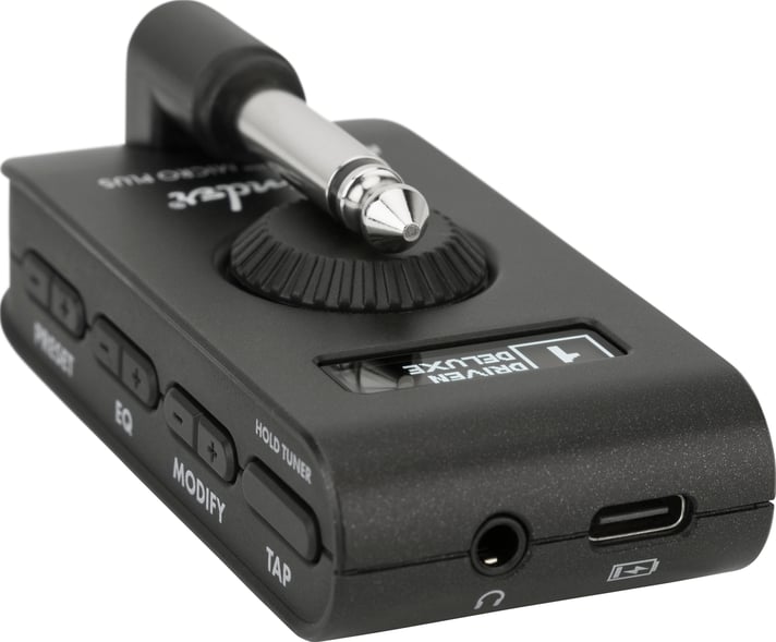 Fender Mustang Micro Plus headphone guitar amp — in use with headphones