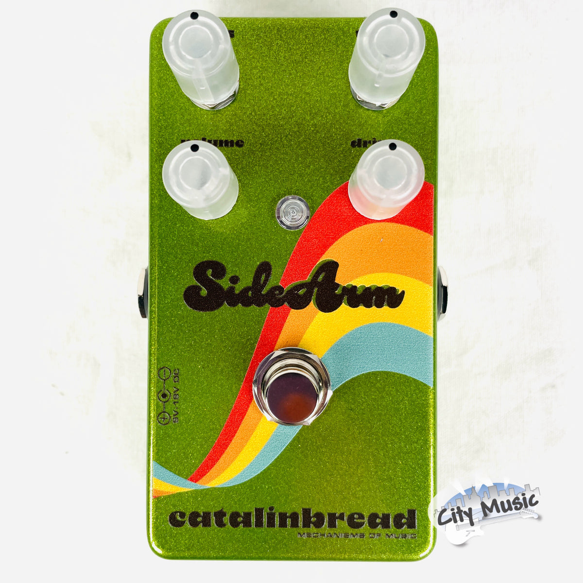 Catalinbread SideArm overdrive pedal - green sparkle with rainbow graphic, top view