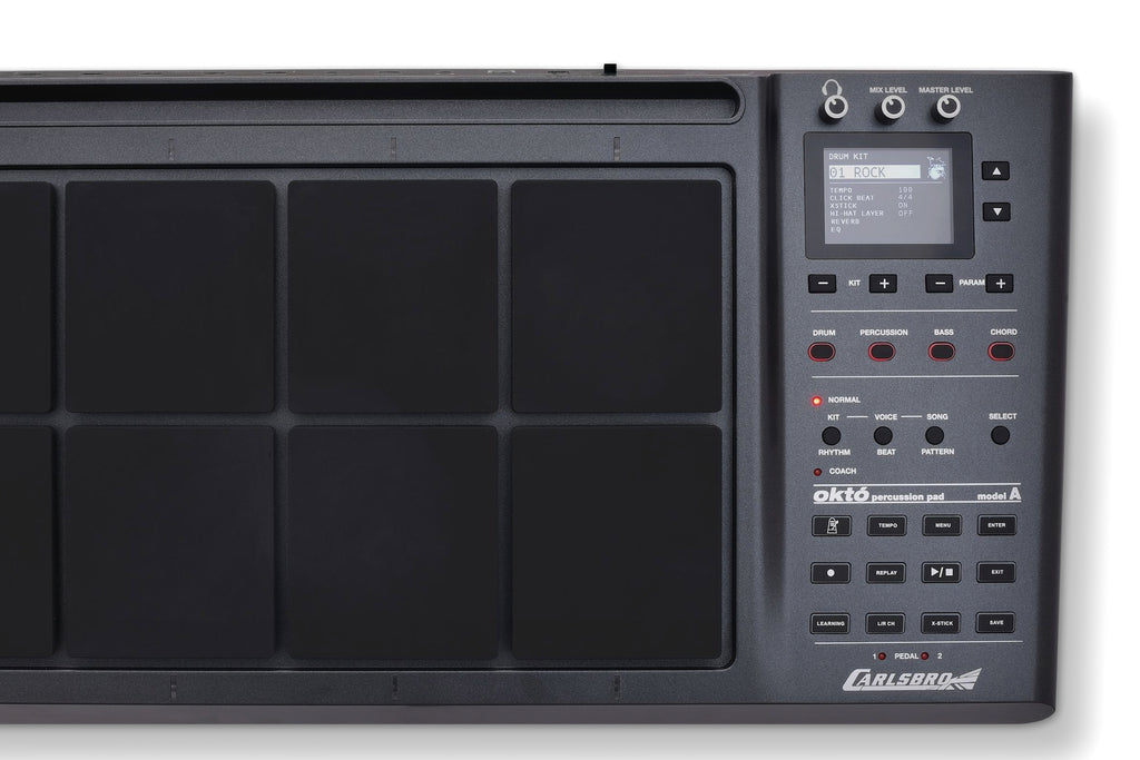 Carlsbro Okto A electronic drum module — control panel and pads closeup