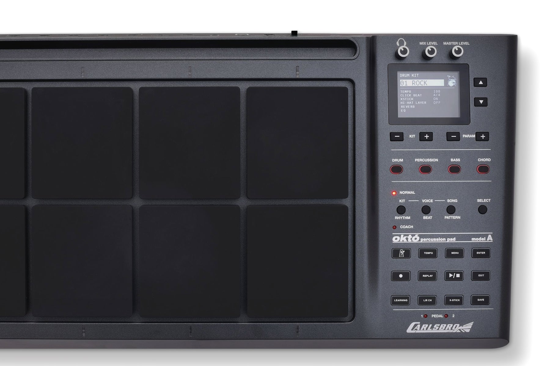 Carlsbro Okto A electronic drum module — control panel and pads closeup