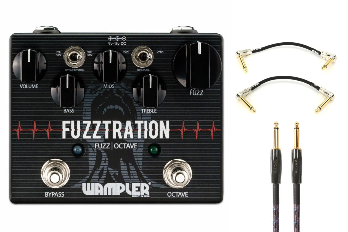 Wampler Fuzztration fuzz and octave pedal — black top view with included cables