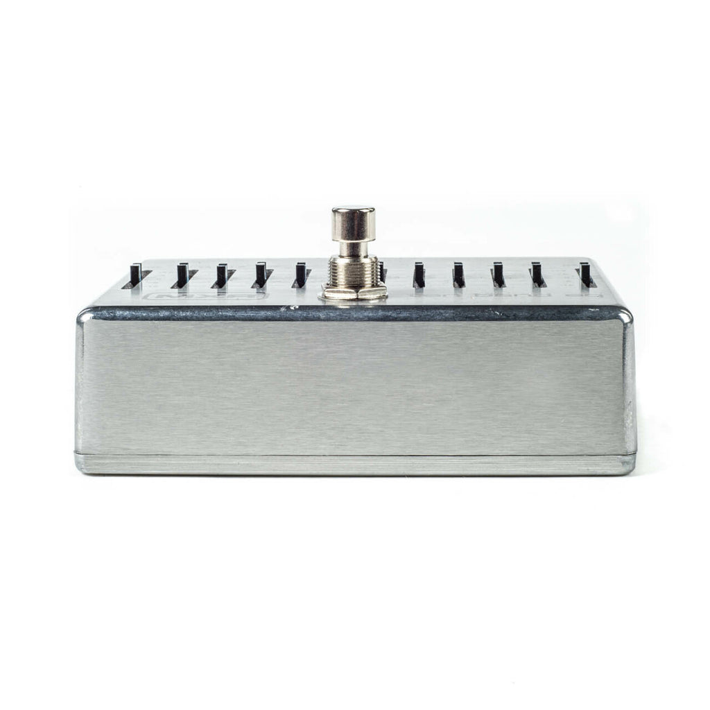 MXR M108S Ten Band Graphic EQ pedal — side profile of silver housing