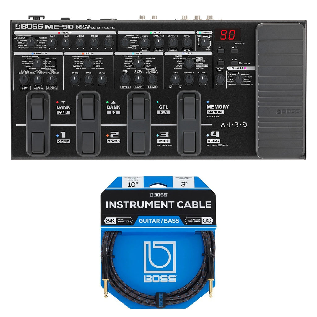 Boss ME-90 guitar multi-effects processor — top view with footswitches and included cable