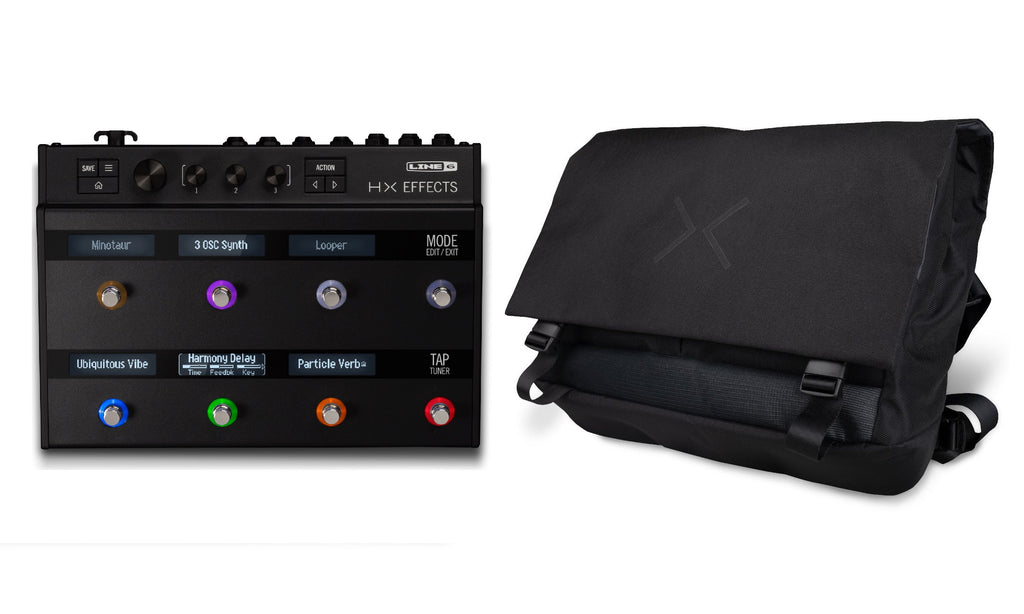 Line 6 HX Effects pedal and messenger bag — product view