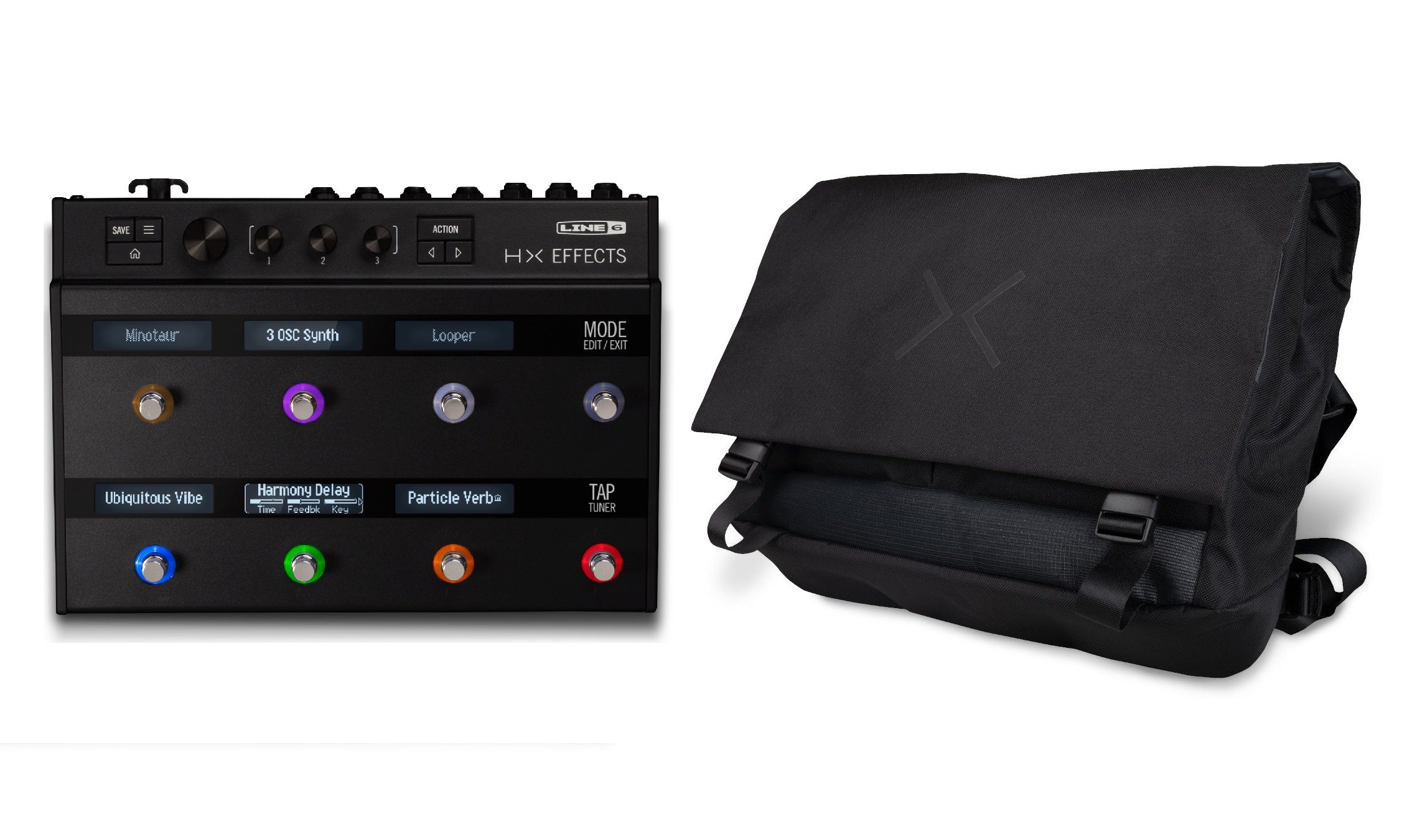 Line 6 HX Effects pedal and messenger bag — product view